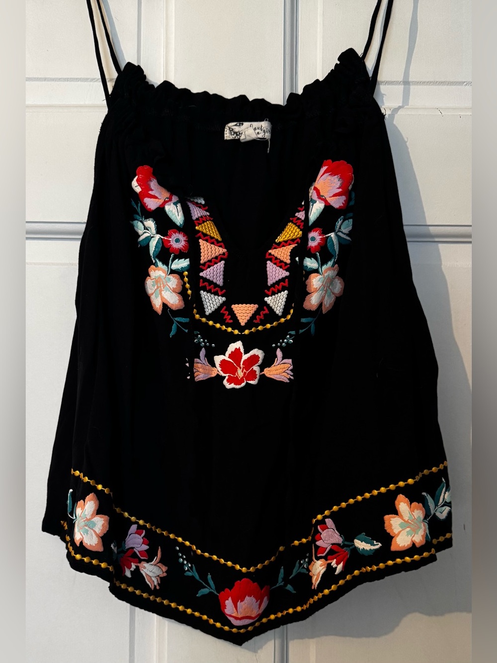 Black Faux Embroidered Mexican Floral Adjustable Tank Top
